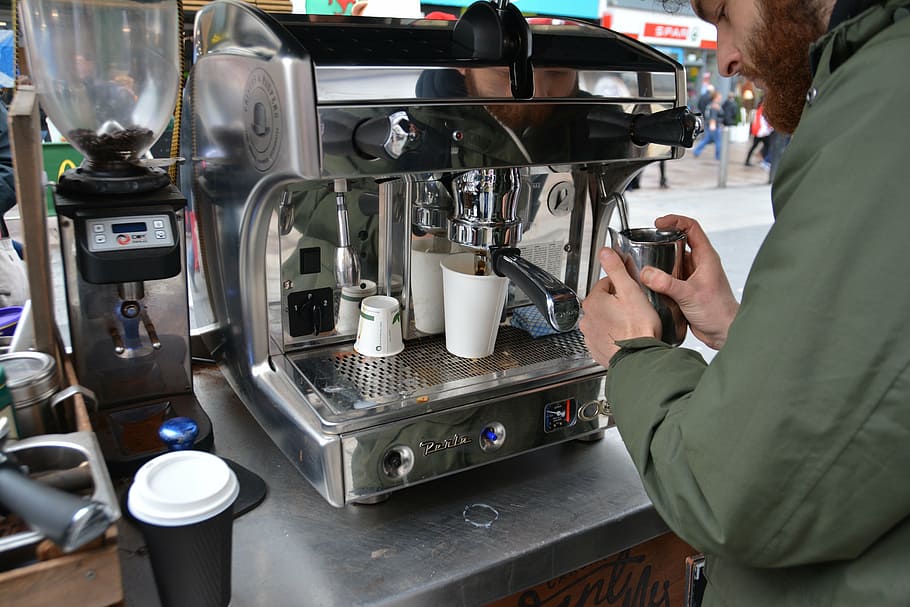 person using espresso maker, coffee, coffee shop, cafe, business