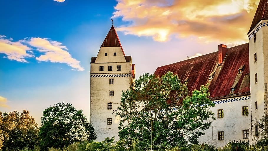 castle, sunset, bavaria, architecture, old, scenic, building exterior HD wallpaper