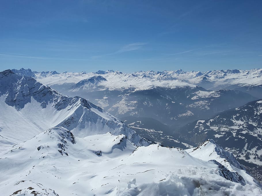 snow mountain under blue sky, aerial photography of snow covered mountains HD wallpaper