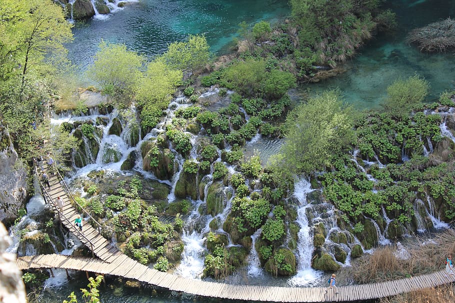 bridge, water, blue, plitvice, beauty in nature, plant, scenics - nature HD wallpaper