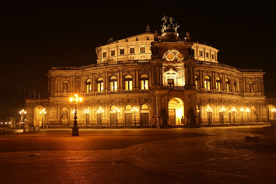 semper opera house, dresden, at night, radeberger, city, city lights, HD wallpaper