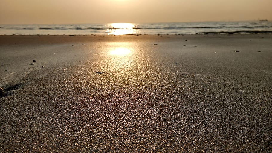 sunset, sand, water, beach, seashore, land, sky, nature, scenics - nature HD wallpaper