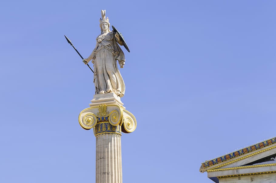 knight statue under blue sky, athens, greece, minerva, roman