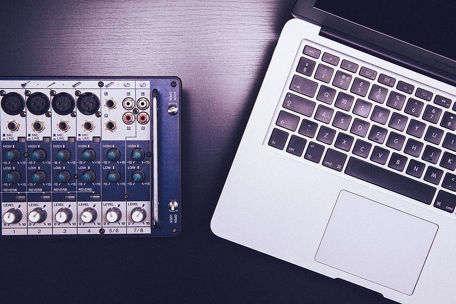 Audio Mixer beside MacBook Pro, laptop, notebook, audio equipment, HD wallpaper