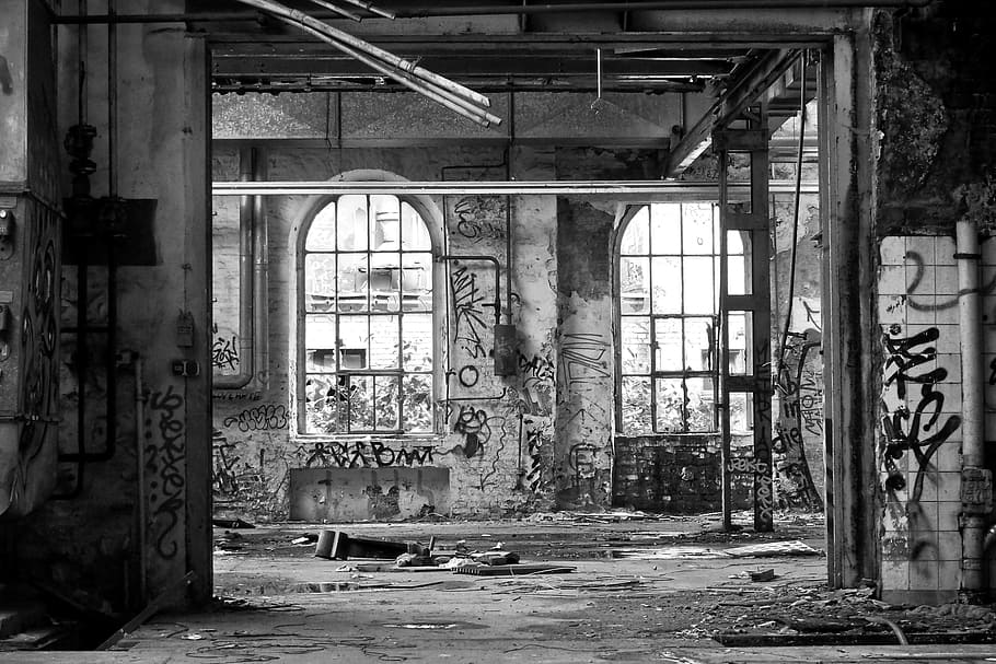grayscale photo of building with graffiti, lost places, rooms