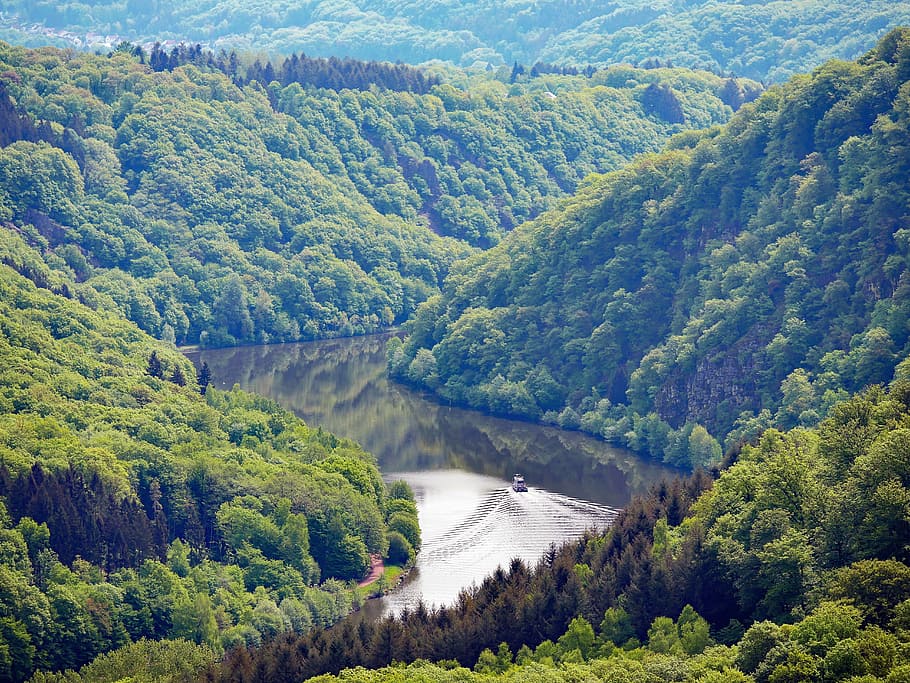 in the saar loop, river, narrow valley, meander, working ship HD wallpaper