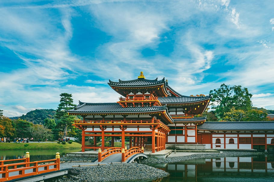 red and gray temple near body of water, red and white temple HD wallpaper