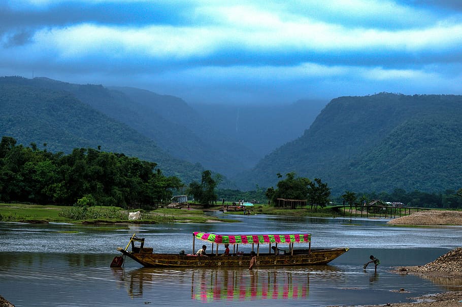 boat, clouds, forest, green, lake, landscape, mountains, nature HD wallpaper