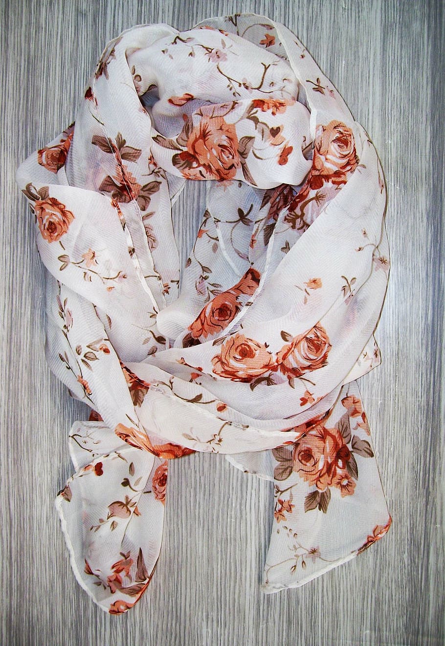 white and red floral scarf, a neckerchief, material, colorful, HD wallpaper