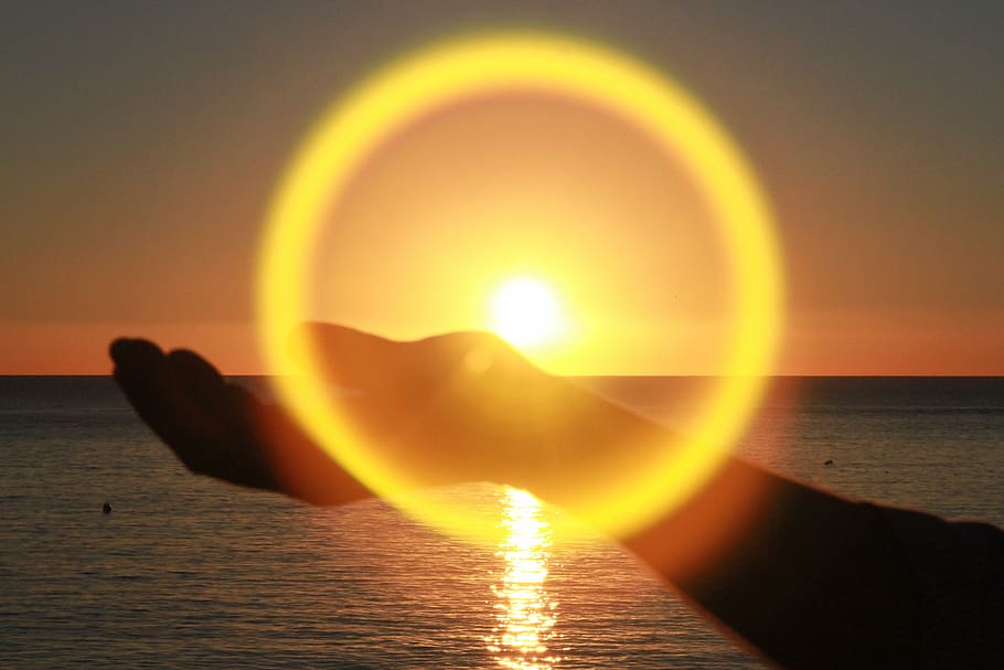 sun, hand, delivery, water, sea, sky, sunlight, nature, sunset HD wallpaper