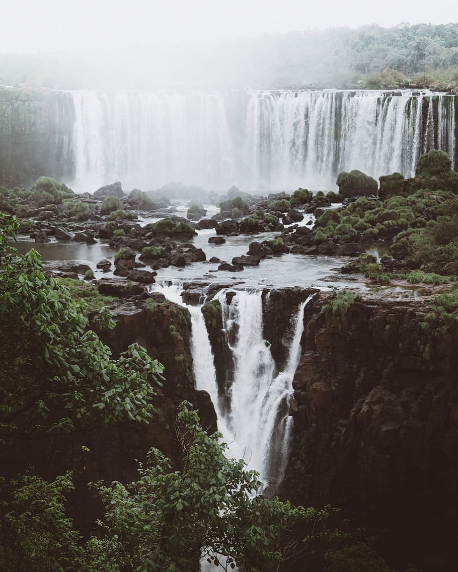 aerial view of waterfalls during day time, photography of running water HD wallpaper