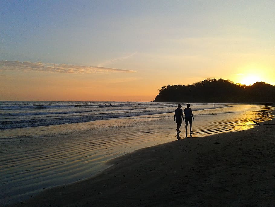 walkers, sand, relaxation, water, beach, sea, land, sunset HD wallpaper