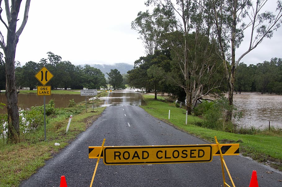 road closed road signage, flood, water, river, blocked, danger HD wallpaper