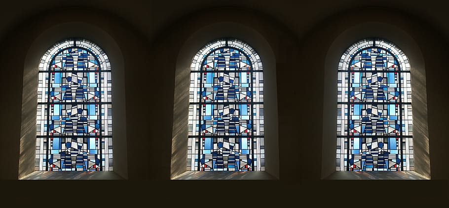 blue-and-black clear mosaic glass windows, stained glass window