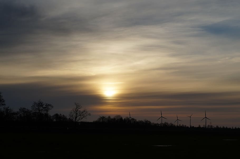 sunset, abendstimmung, romantic, sky, wind turbines, wind energy HD wallpaper