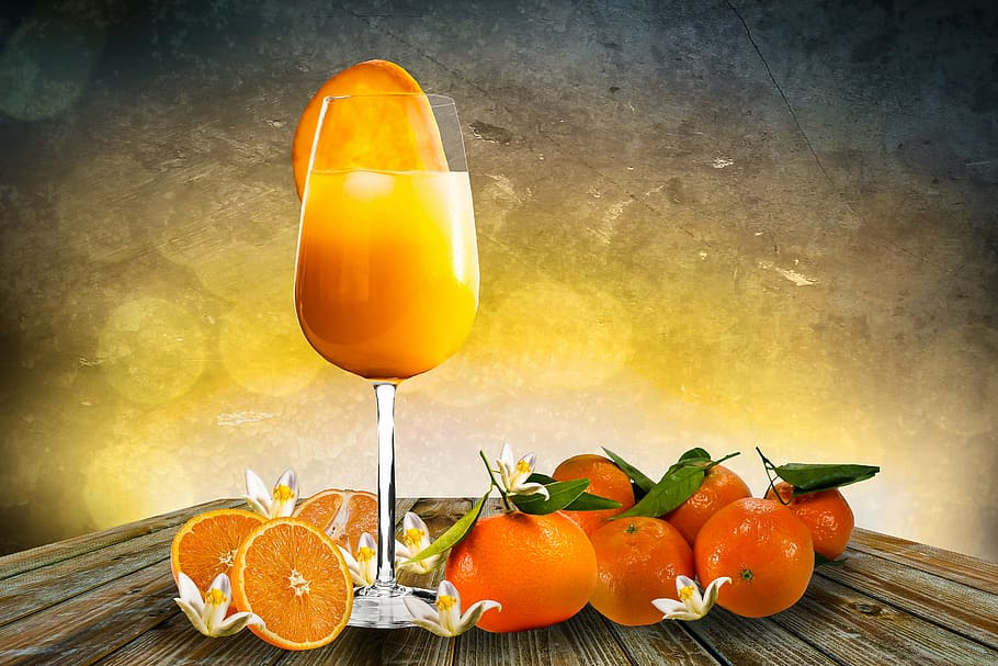 wine glass with orange juice on brown wooden table, food, drink, HD wallpaper