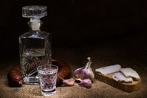 clear glass decanter and shot glass, bacon, bottle, ham, celebration HD wallpaper
