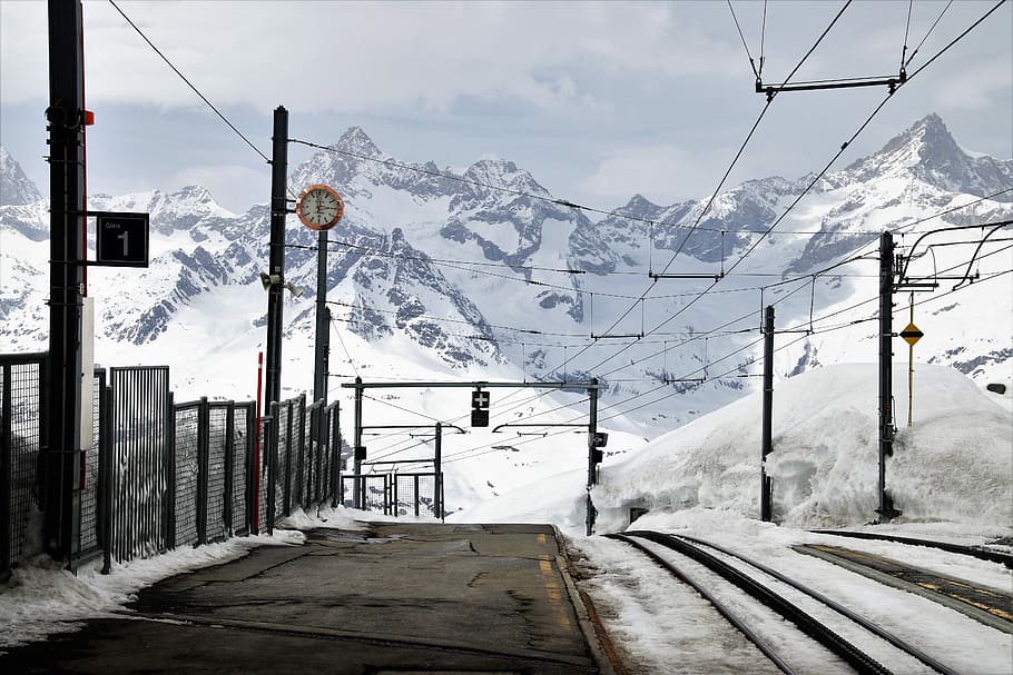 snow covered road near mountain under clouded sky, zermatt, peron, HD wallpaper