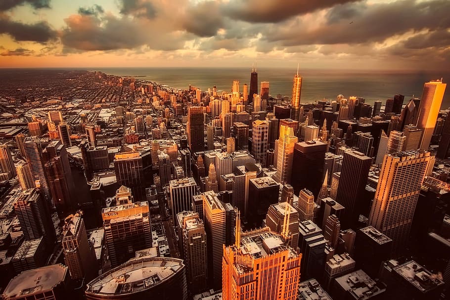 aerial view of city buildings, Chicago, Sky, Clouds, urban, downtown, HD wallpaper