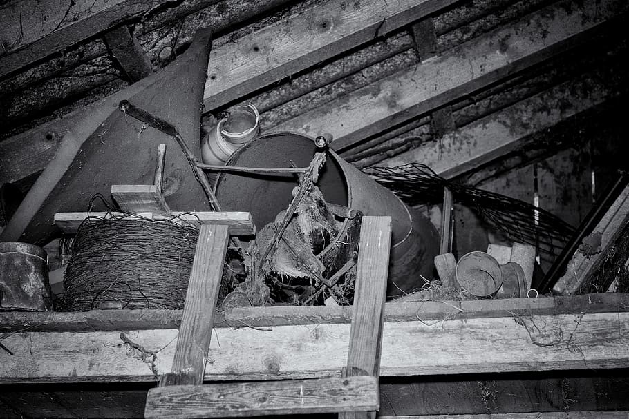attic, stall, lumber, iron, metal, wood, old, black and white recording HD wallpaper