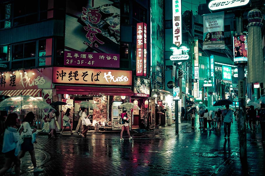 people walking near buildings at night, group of people walking in the street while raining