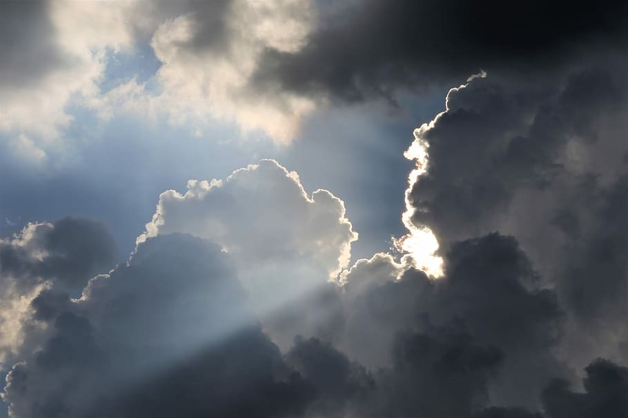 dramatic sky, sun rays, nature, blue, sunlight, natural, atmosphere HD wallpaper