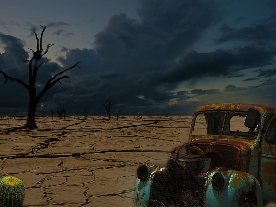 rusty vehicle near tree during cloudy sky, desert, clouds, mood HD wallpaper