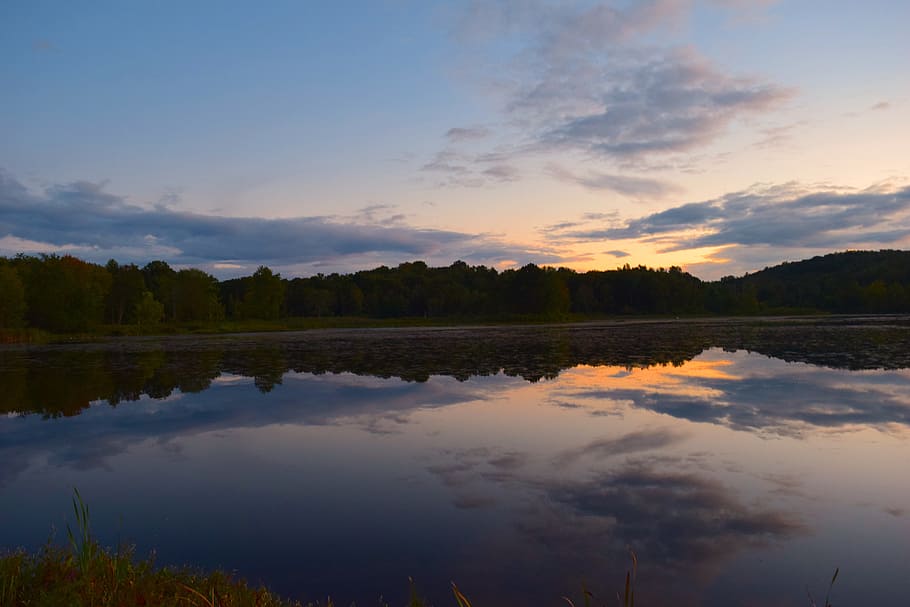sunset, lake, clouds, water, sky, nature, landscape, reflection HD wallpaper
