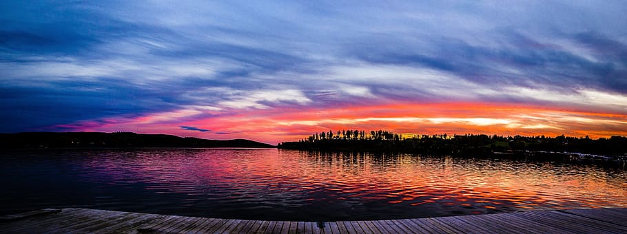 dark, sunset, blue, orange, sky, reflection, trees, mountain HD wallpaper