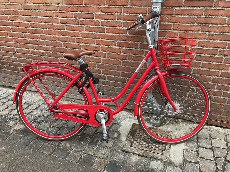 Wheel, Red, Bike, Denmark, Ajar, bicycle, brick wall, transportation, HD wallpaper