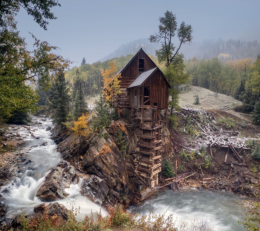 brown wooden cabin on cliff, forest, nature, plants, trees HD wallpaper