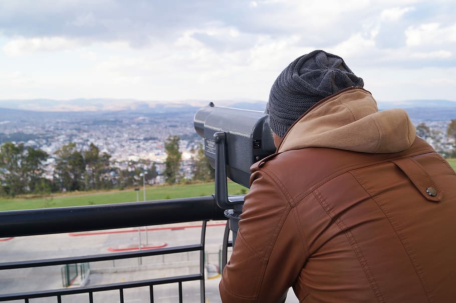 Man, Observing, Binoculars, Horizon, view, young, landscape HD wallpaper