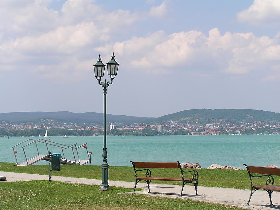 tihany, lake balaton, cloud, seat, street light, sky, lighting equipment HD wallpaper
