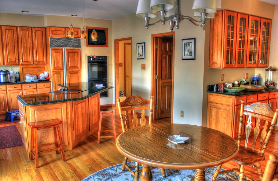 brown wooden dining table and chairs, kitchen, rooms, house HD wallpaper