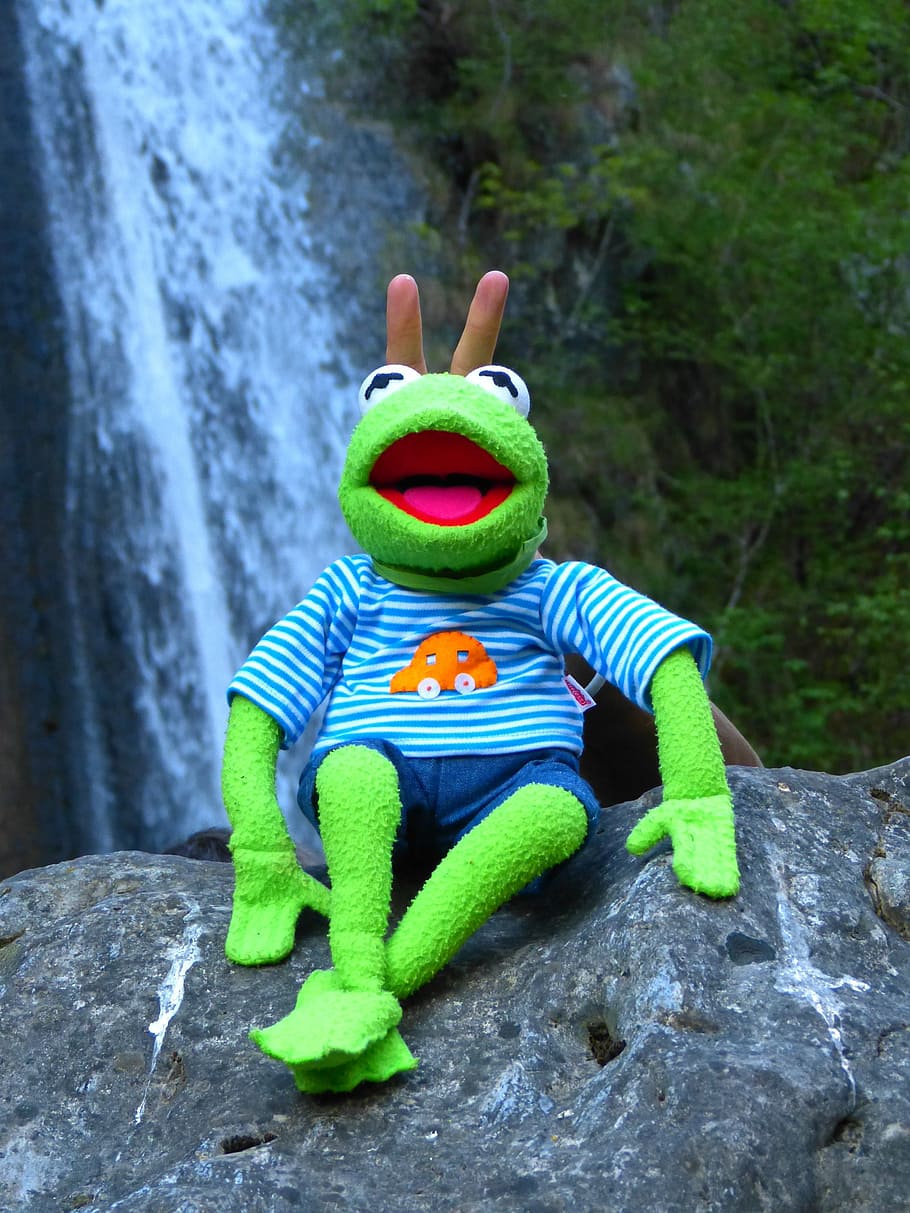 kermit, frog, sit, laugh, fun, doll, green, finger, representation