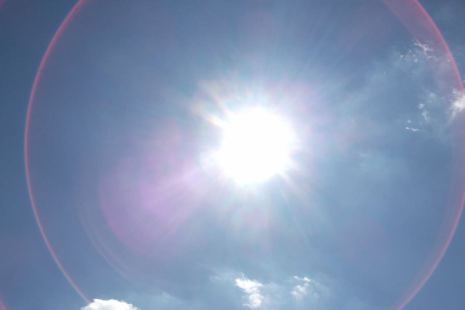 sun light, halo, rays, sky, clouds, blue, summer, heat, hitzefrei HD wallpaper