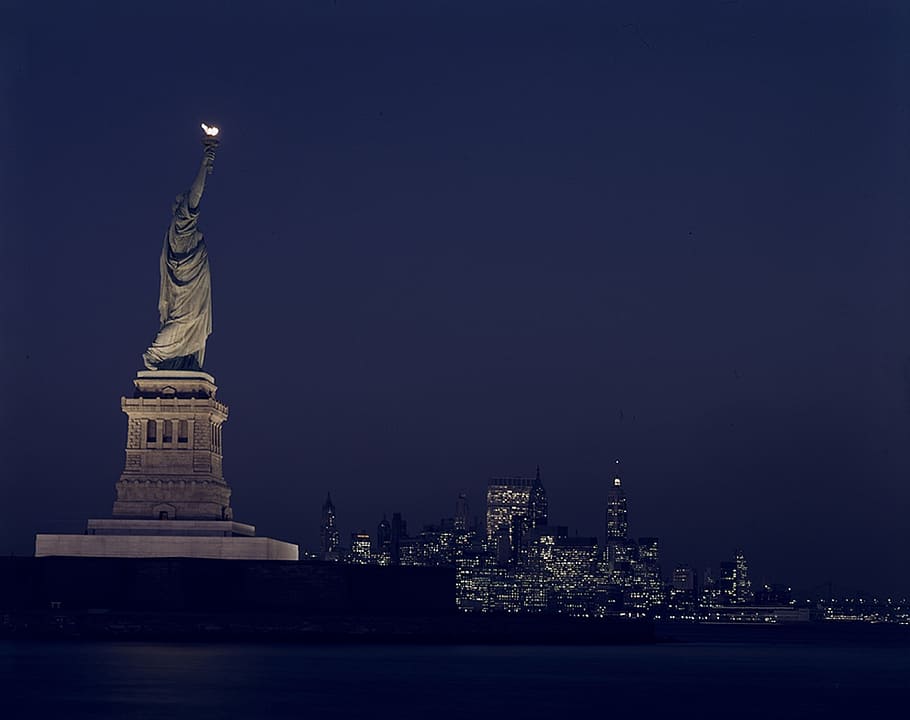 Statue of Liberty at nighttime, lights, landmark, new york, america, HD wallpaper