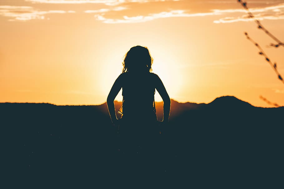 silhouette of woman during sunset, person, facing, mountain HD wallpaper