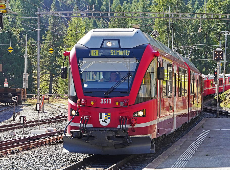 red and gray train, bernina railway, pontresina, railway station, HD wallpaper