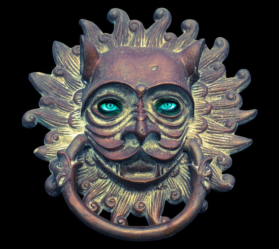 brown and yellow steel door knocker, doorknocker, fitting, old HD wallpaper