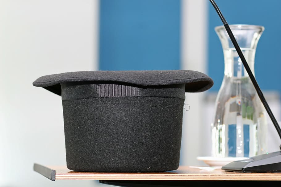 black top hat beside glass vase, tall hat, black hat, water HD wallpaper