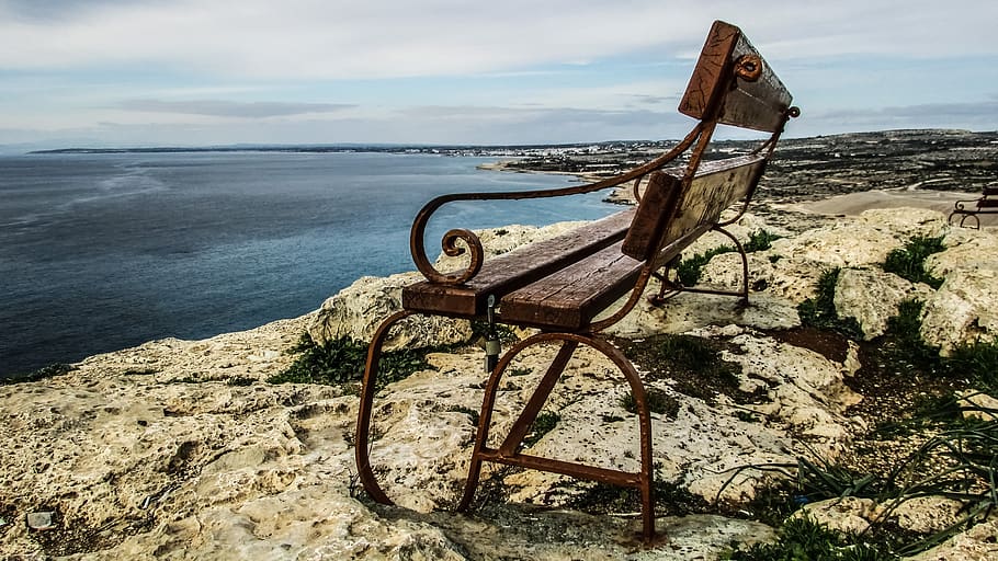 cyprus, cavo greko, view point, bench, romantic, water, sky HD wallpaper