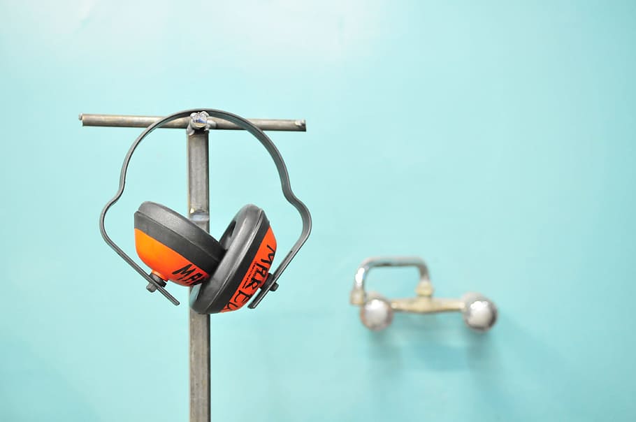 Orange and Gray Earmuffs, background, bathroom, conceptual, earphones HD wallpaper