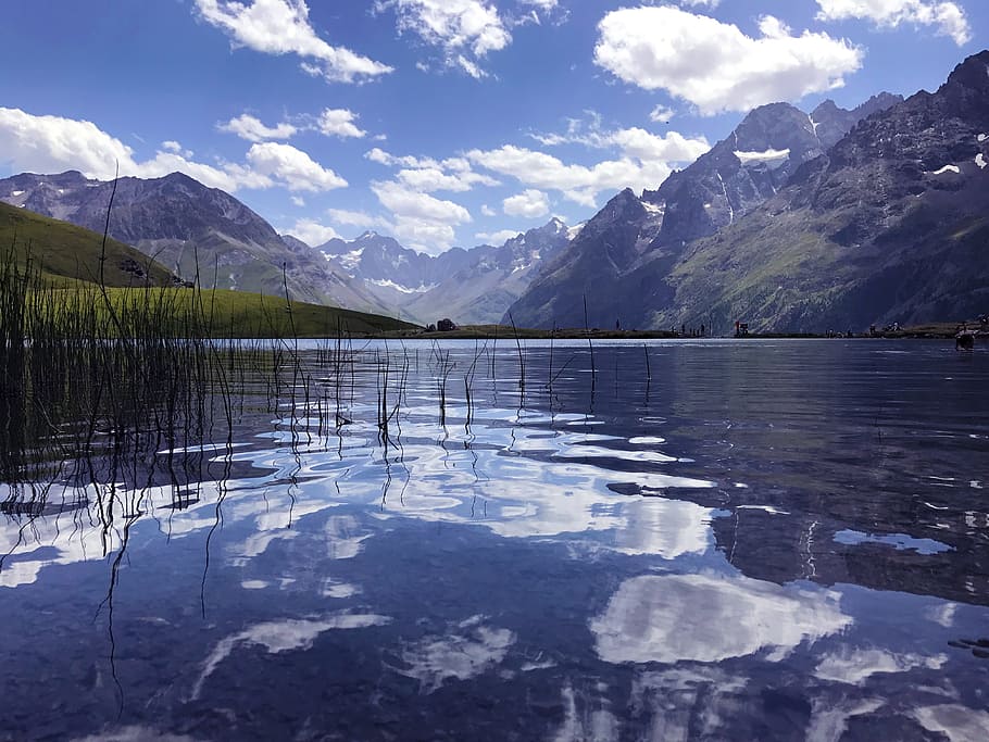 lake, mountain, reflection, landscape, alps, light reflections HD wallpaper