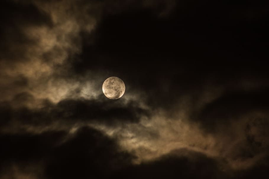 full moon surrounded by dark clouds, cloudy, luna, night, sky HD wallpaper