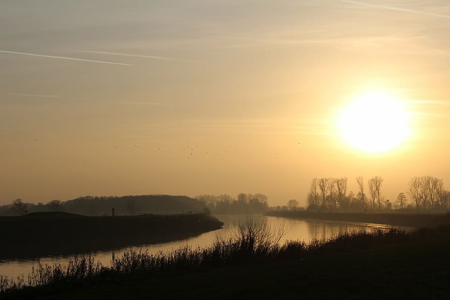 river, winter, water, evening sun, hunte, oldenburg, atmospheric HD wallpaper