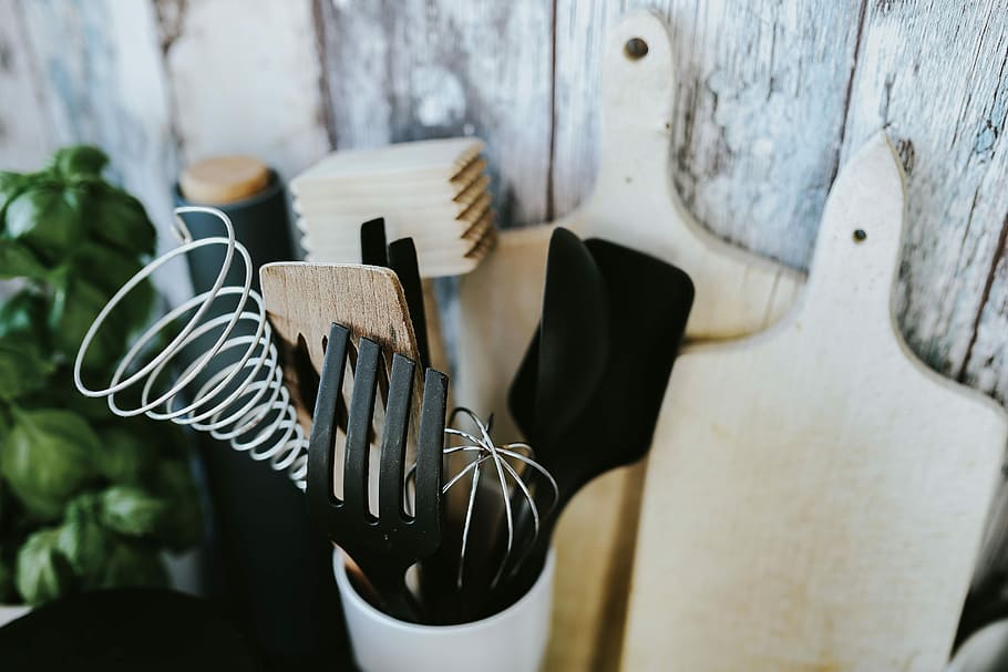 Kitchen utensils and cans by the wall, containers, cooking, spoon HD wallpaper