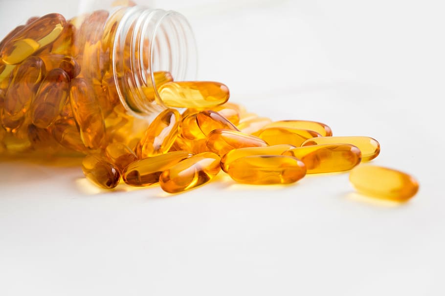 yellow medication pills, fish oil capsules, health products, medicine, HD wallpaper