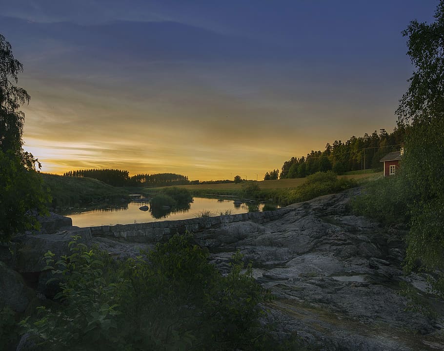 rapids, nautelankoski, evening, river, cottage, field, reckless HD wallpaper