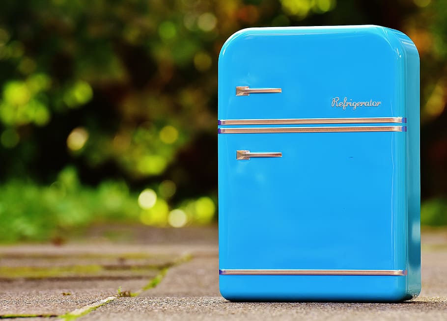 blue and silver box, Refrigerator, Cookie Jar, storage, tin can HD wallpaper